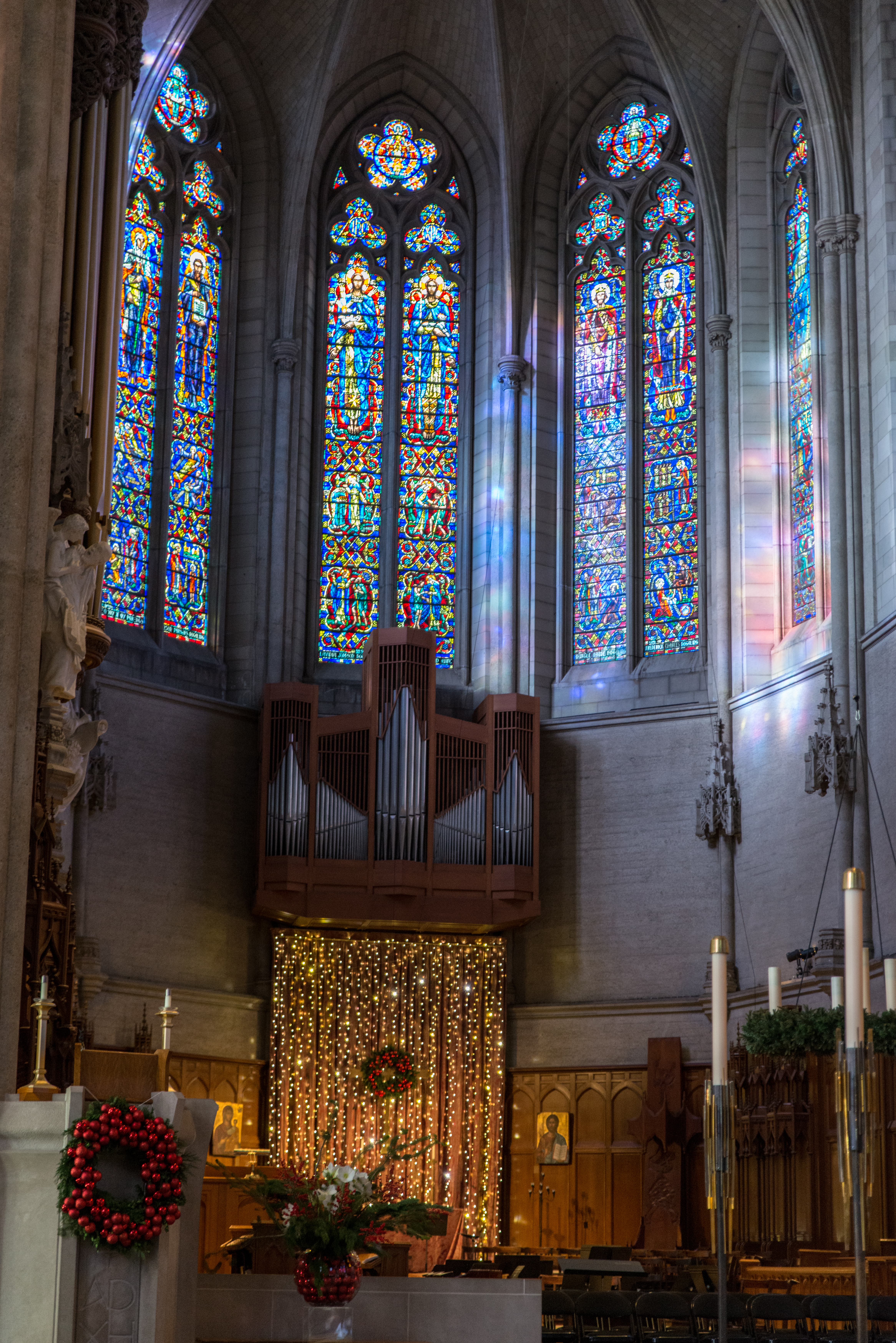 Multicolor lights on the walls of the cathedral.