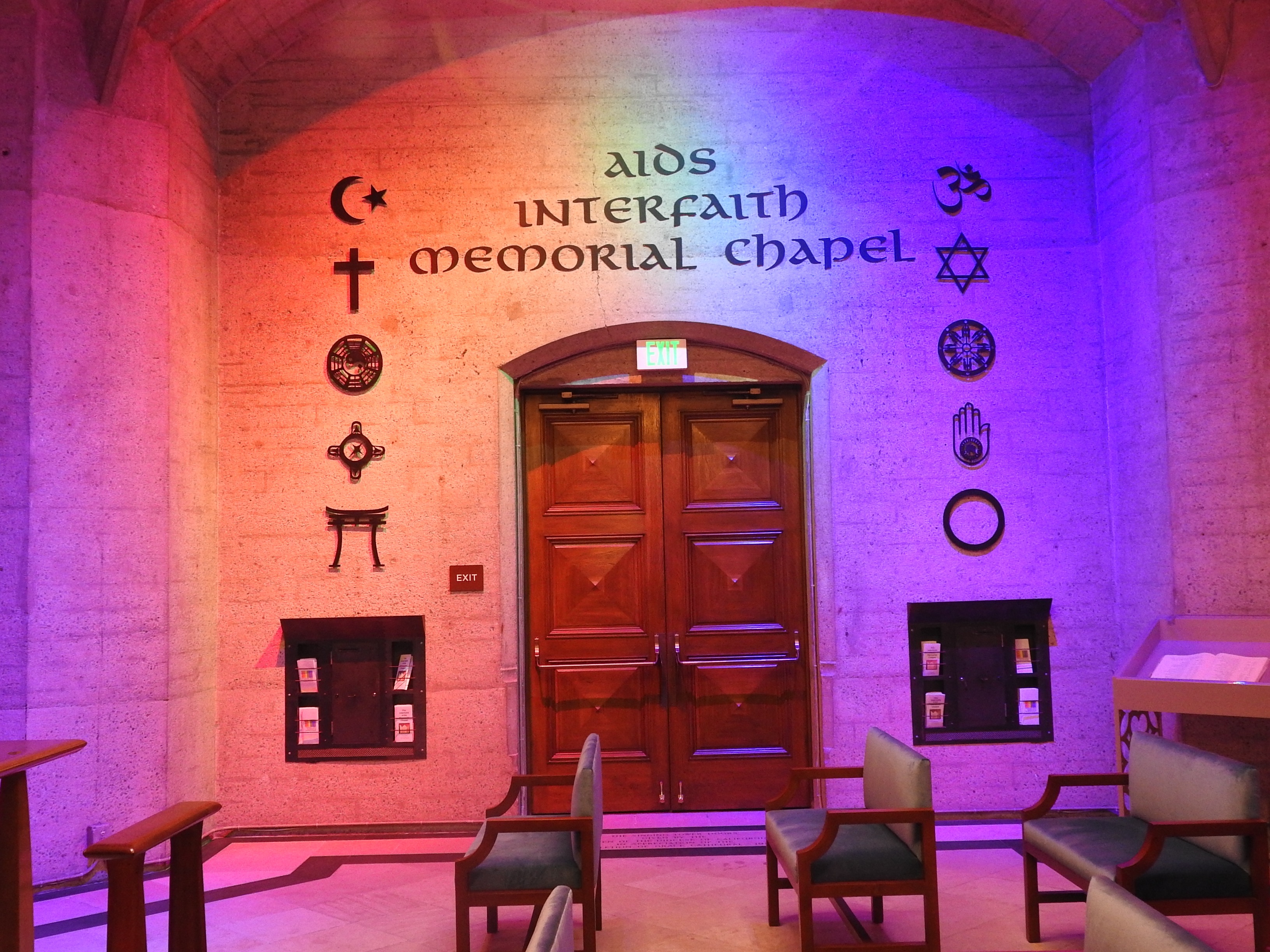 Room with sign: "AIDS Interfaith Memorial Chapel"