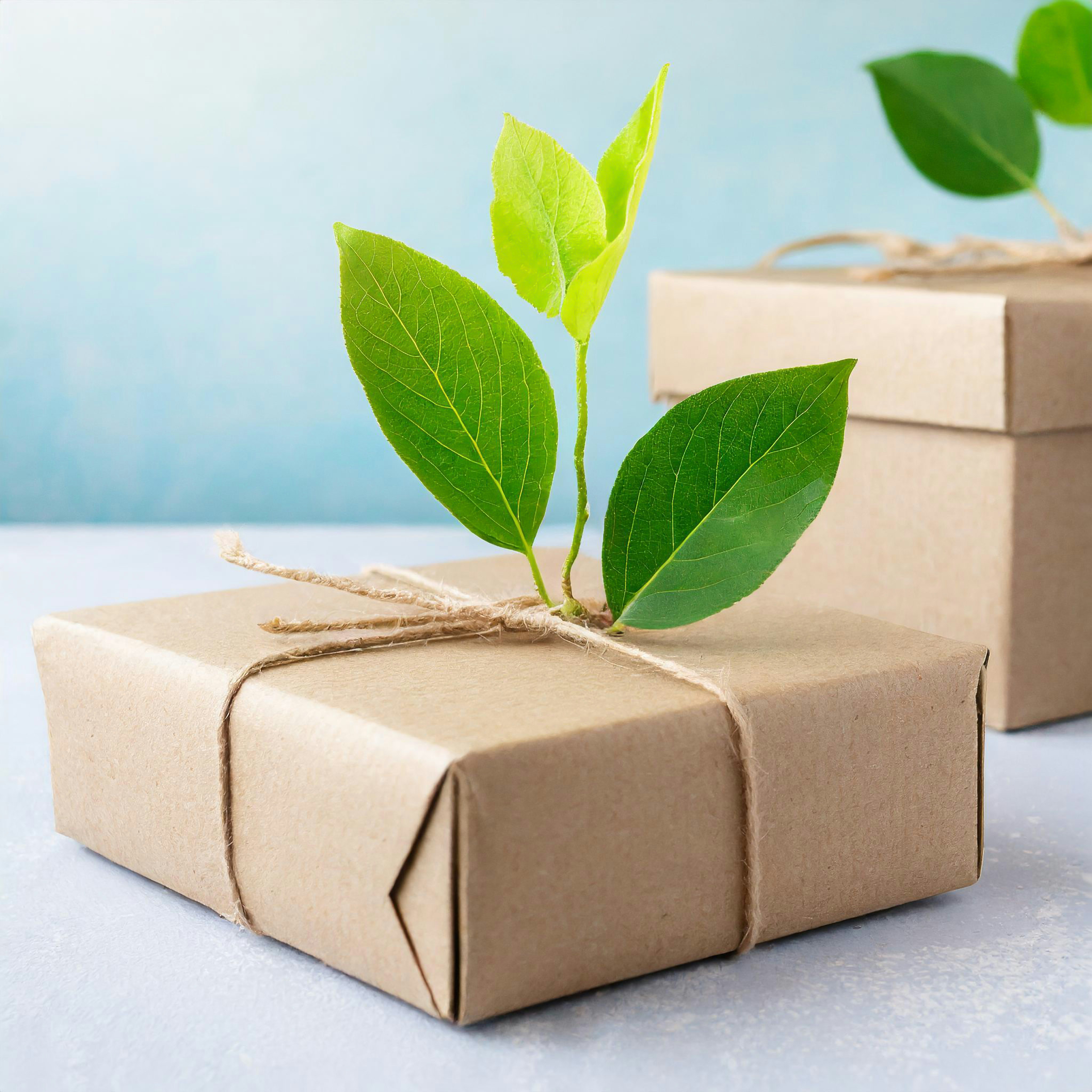 Box wraped in brown paper and tied with twine, eco-friendly packaging concept